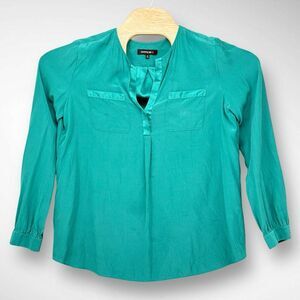 Lafayette 148 Silk Blouse‎ Womens 10 Green V Neck Long Sleeve Satin Trim